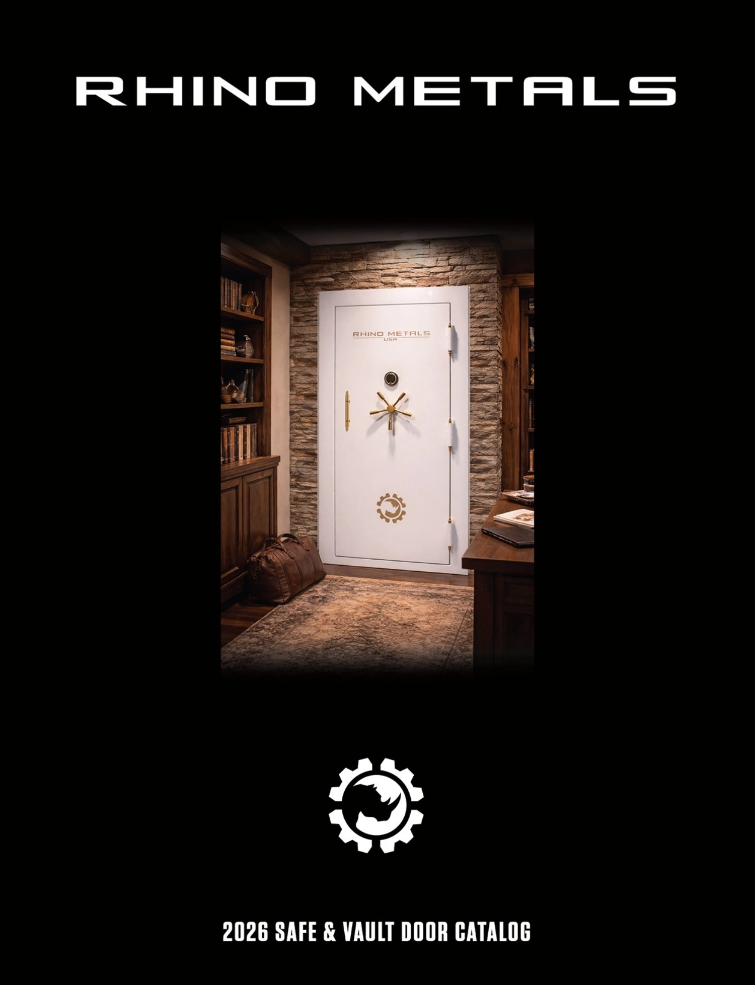 Cover of Rhino Metals 2026 Safe & Vault Door Catalog with a secure door and bookshelf in the background.