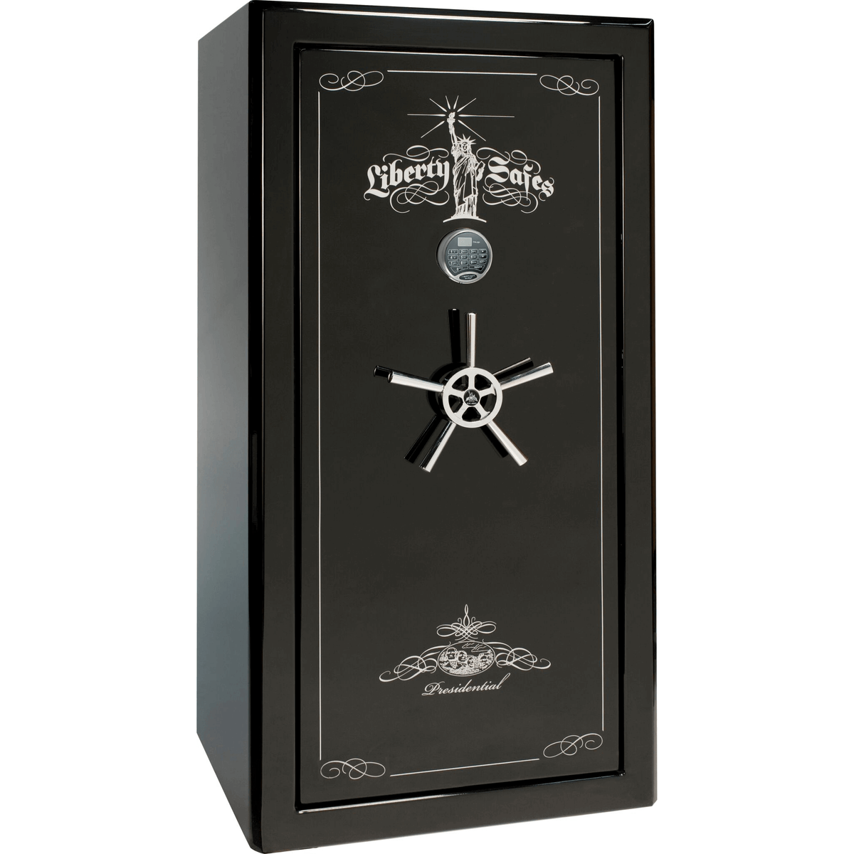 Presidential Series | Level 8 Security | 2.5 Hours Fire Protection | 25 | Dimensions: 60.5&quot;(H) x 30.25&quot;(W) x 28.5&quot;(D) | Black Gloss Chrome Hardware | Electronic Lock