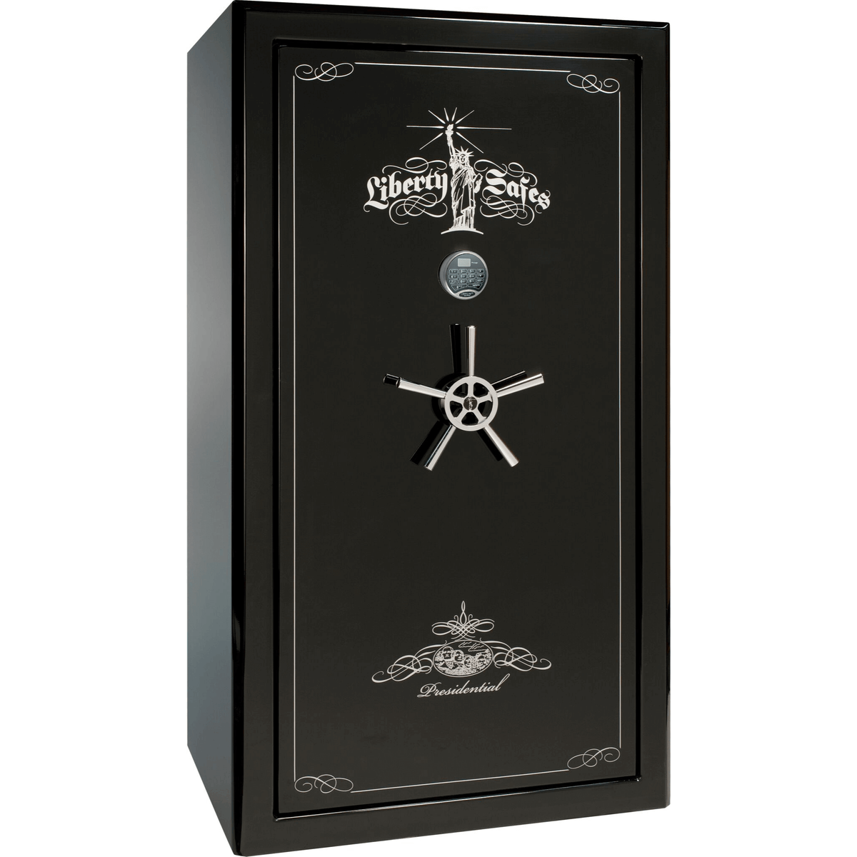 Presidential Series | Level 8 Security | 2.5 Hours Fire Protection | 50 | Dimensions: 72.5&quot;(H) x 42.25&quot;(W) x 32&quot;(D) | Black Gloss | Chrome Hardware | Electronic Lock