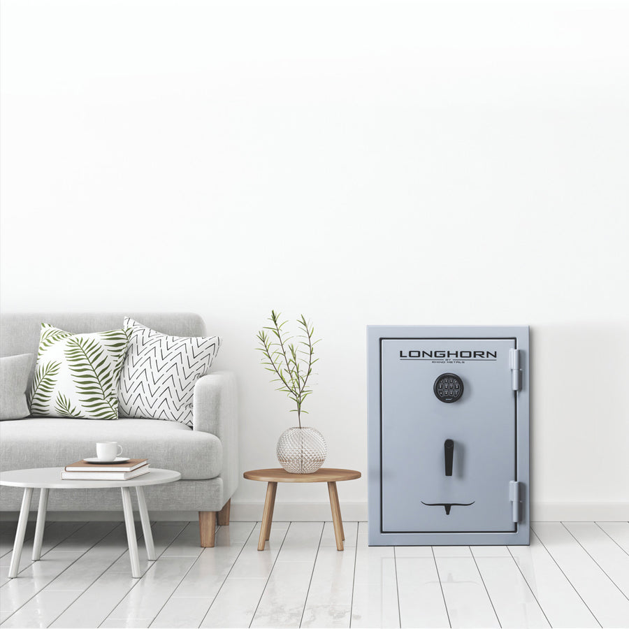 Rhino Metals LGX3022G Home Safe in Gloss Gray Finish shown in room.