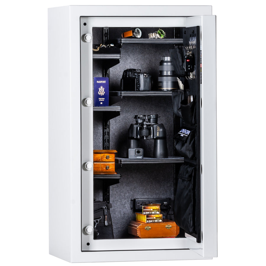 Rhino Metals LGX4224W Home Safe in Gloss White Finish, door open 90 degrees.