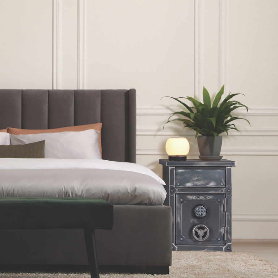 Rhino Metals Longhorn LNX2620 Nightstand-End Table Home Safe shown in bedroom.