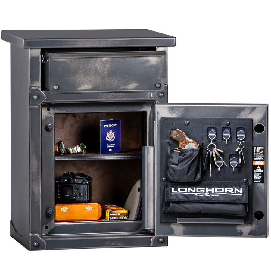 Rhino Metals Longhorn LNX3022 Nightstand-End Table Home Safe interior. Door open 180 degrees.