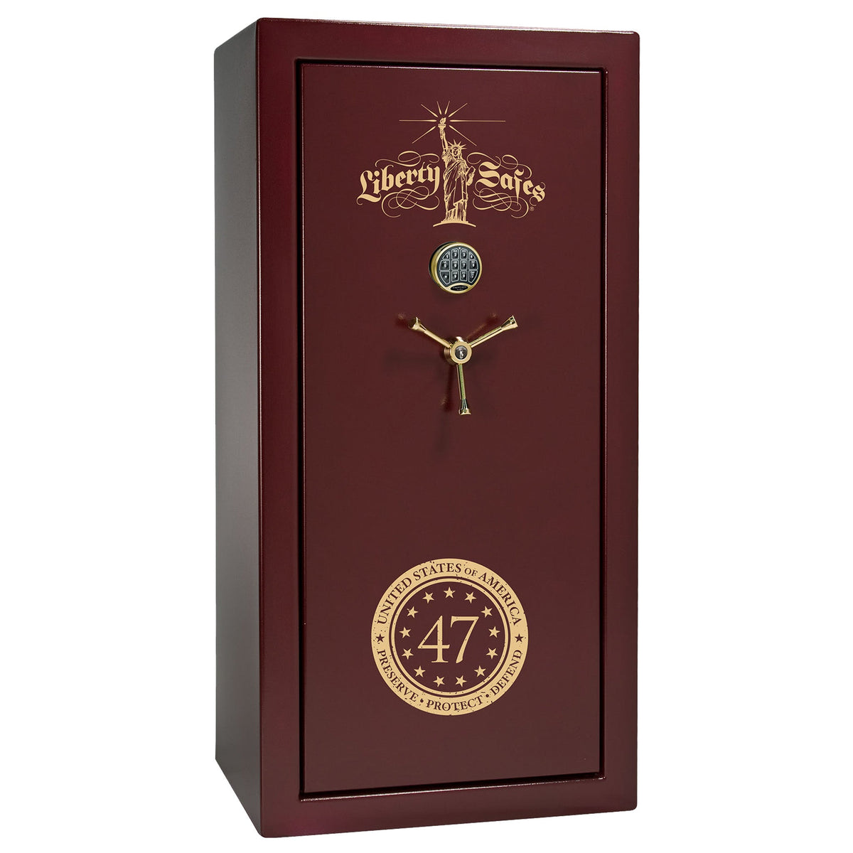 Liberty 47 Limited Edition Safe - USA 30 | Level 3 Security | 60 Minute Fire Rating | Dimensions: 60.5&quot;(H) x 30&quot;(W) x 22&quot;(D) | Burgundy Marble with Gold Commemorative Logo | Electronic Lock – Closed Door